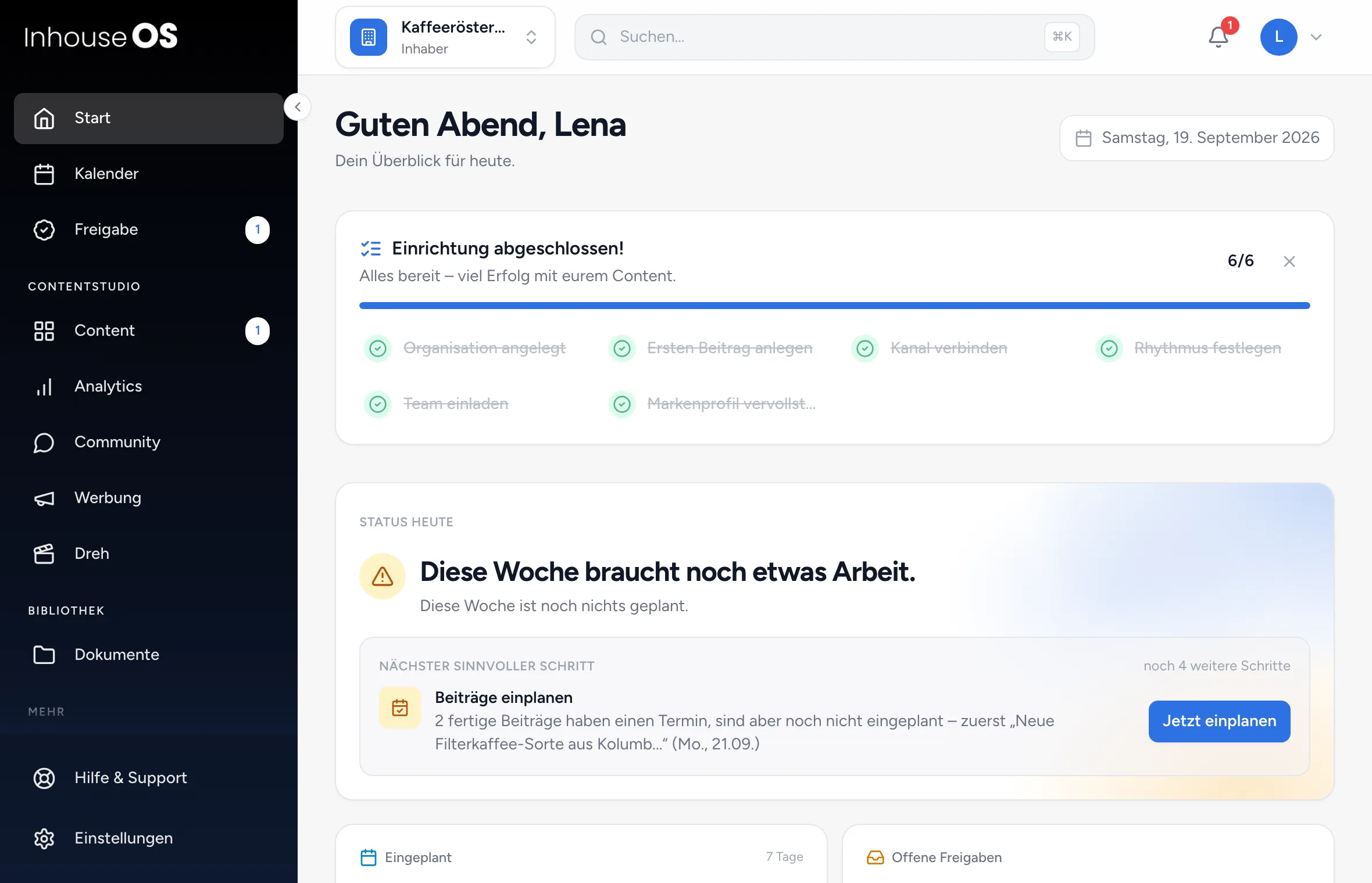 Startseite von Postguide: links die Seitenleiste mit Start, Kalender, Freigabe und den Gruppen Contentstudio, Bibliothek und Mehr, oben Organisation, Suche und Profil