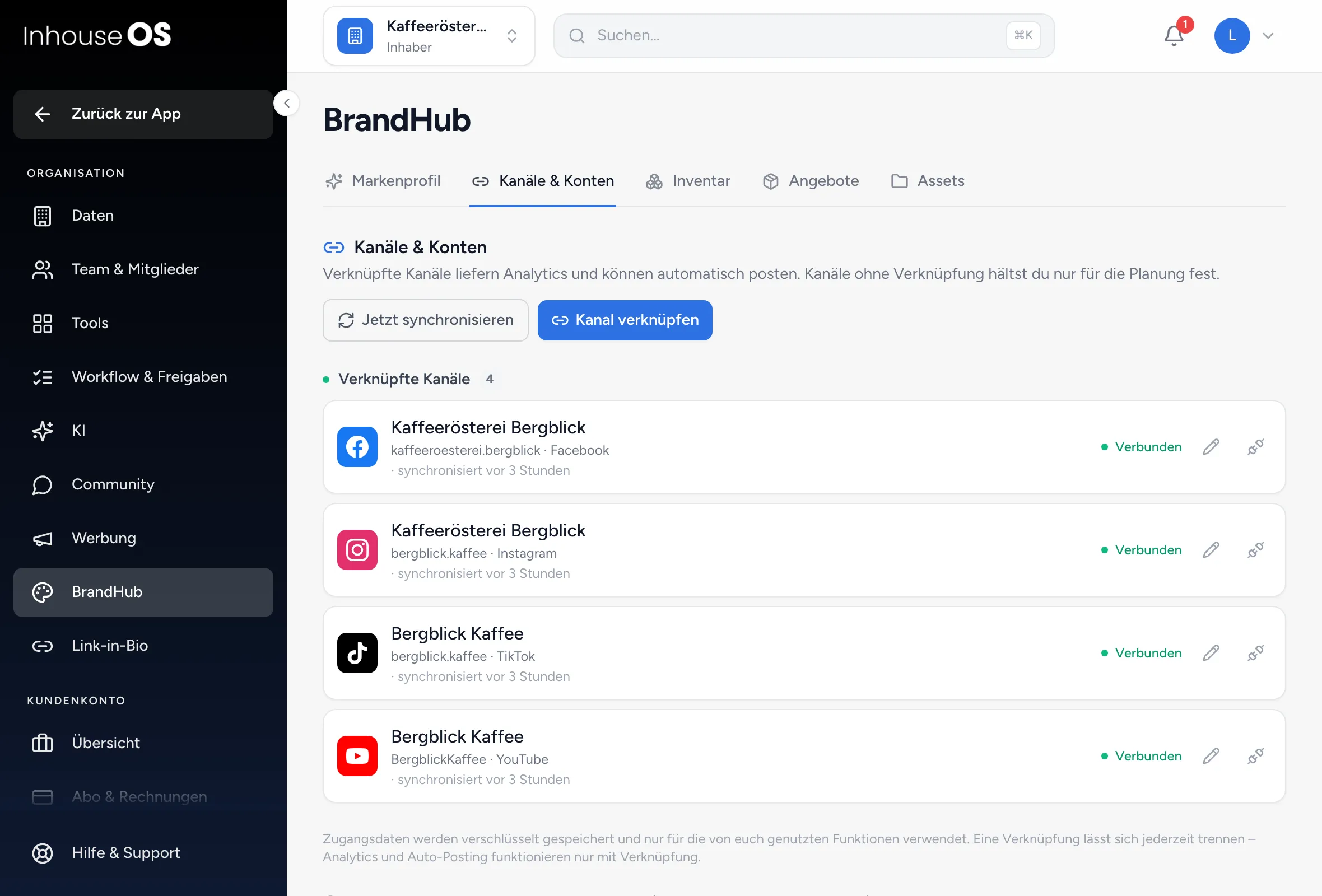 BrandHub, Tab „Kanäle & Konten“: vier verknüpfte Kanäle mit Status „Verbunden“, darüber „Jetzt synchronisieren“ und „Kanal verknüpfen“